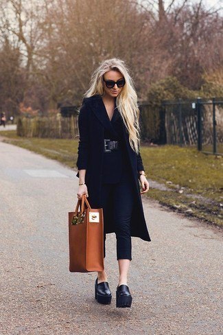 black longline wool coat with leather slippers