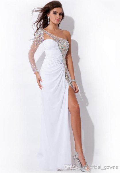 shoulder high maxi dress with white and silver sequins
