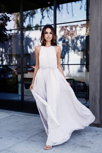 white maxi dress with ruched waist