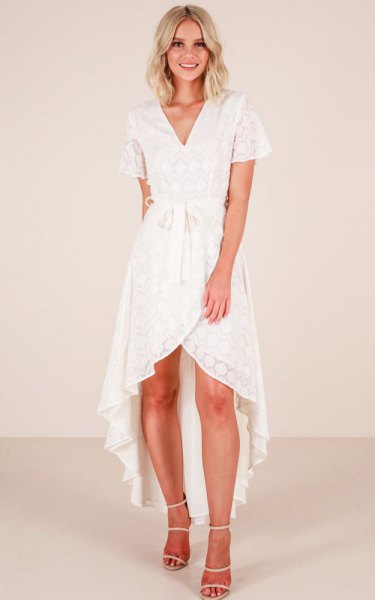 asymmetric wrap dress in white lace
