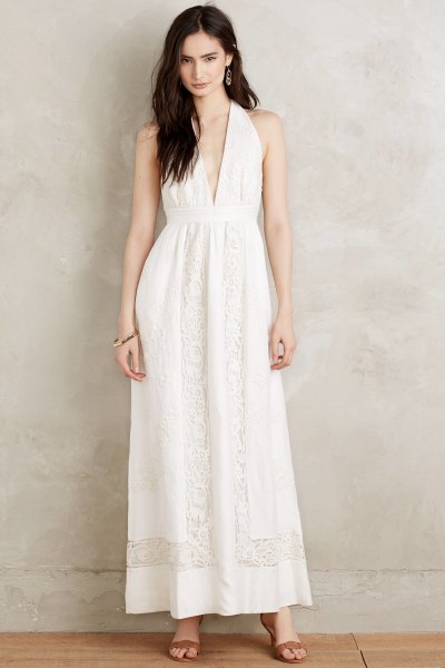 deep white boho maxi dress with v-neckline