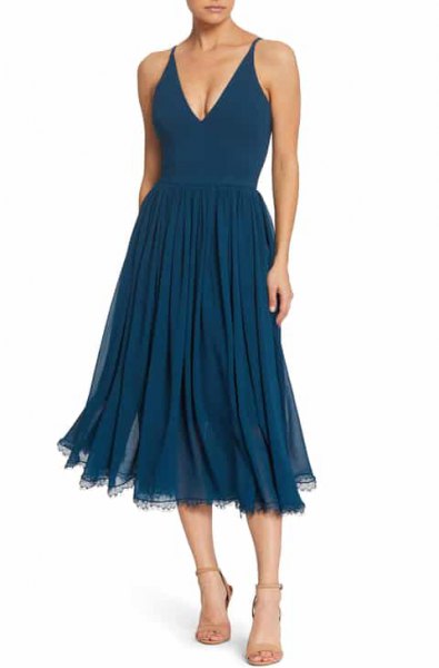Deep V Neck Fit and Flare Navy Blue Pleated Summer Dress