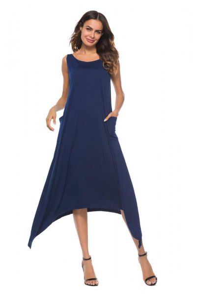 Navy blue sleeveless open toe midi swing dress