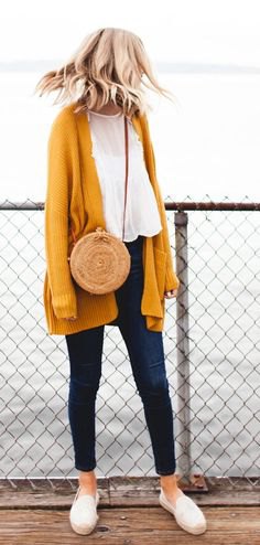 Mustard yellow longline cardigan with chiffon blouse and ankle jeans