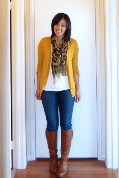 Mustard yellow cardigan with white t-shirt and silk scarf