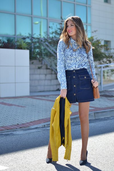 Blue and white floral shirt and dark blue denim mini skirt