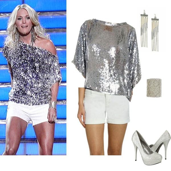 silver metallic sequined one shoulder shirt and white mini shorts