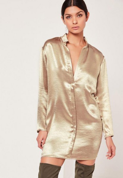 Metallic shirt dress with rose gold buttons and over the knee boots