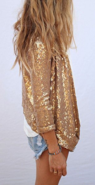 Gold sequin oversized shirt with mini jean shorts