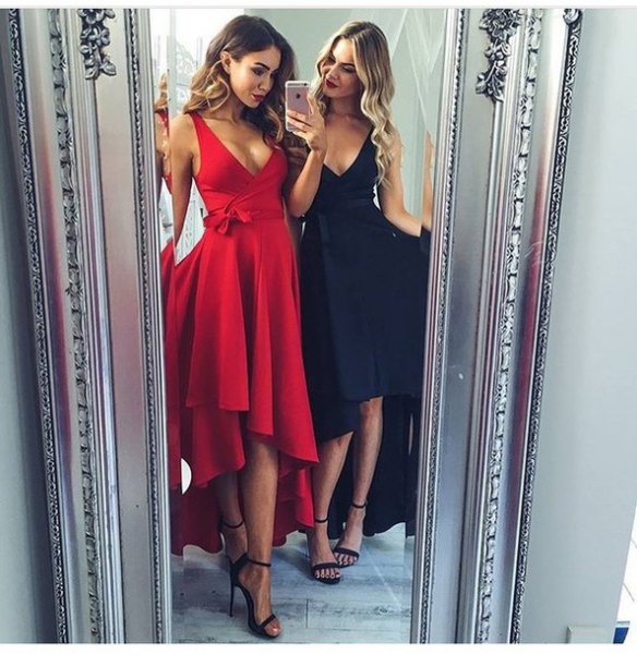 red deep V-neck fit and flared high-low midi dress