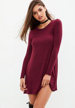Burgundy Long Sleeve Bodycon T-Shirt Dress with Over The Knee Boots