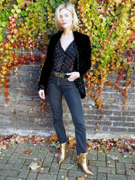 black blazer with polka dot blouse and gold boots
