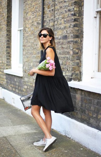 black knee length tank swing dress with white sneakers