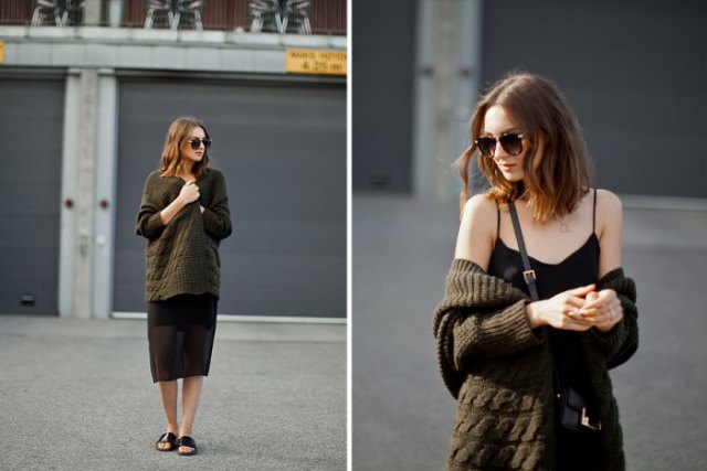 black relaxed midi cami dress with oversized cardigan