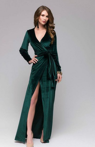 High-split, floor-length wrap dress