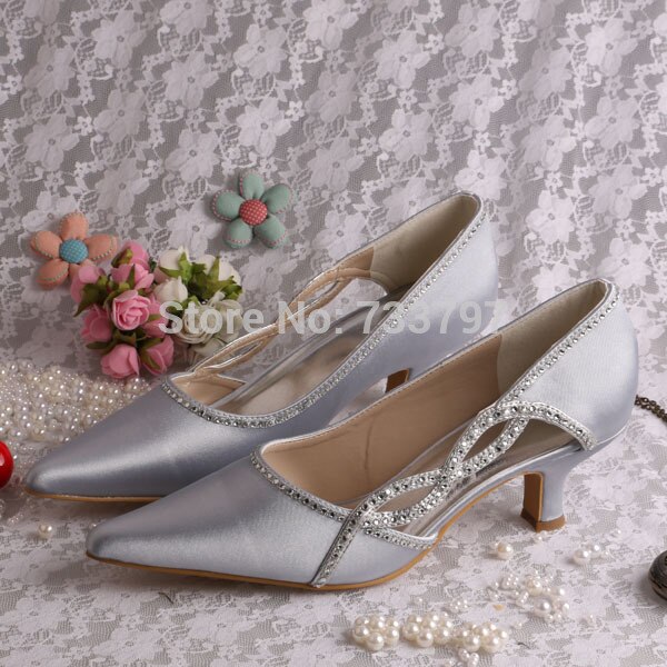 Special Design Pointed Toe Wedding Shoes Women Silver Satin Shoes.
