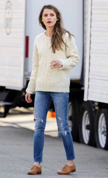 white knit sweater jeans oxford shoes