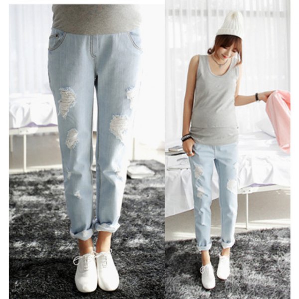 gray sleeveless top with light blue straight leg maternity jeans