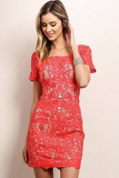 pink short-sleeved lace shift dress