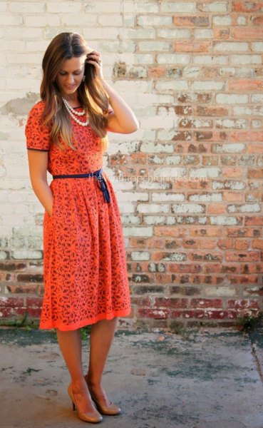 Rouge short sleeve midi lace dress with belt and gathered waist