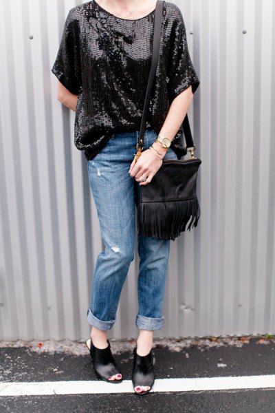 oversized black sequin top with leather pouch