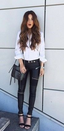 white button down blouse, black biker pants and open toe heels with ankle straps