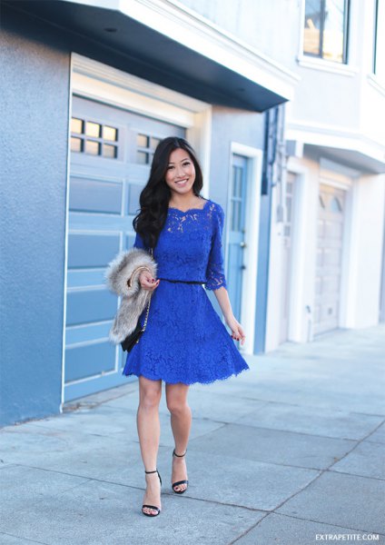 blue mini skater dress with gathered waist and gathered waist