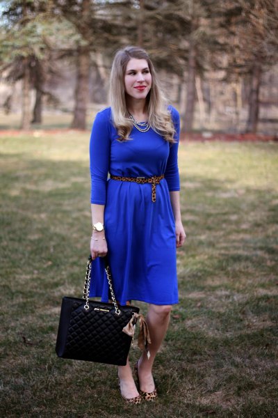 Cobalt blue midi dress with three quarter sleeves and belt