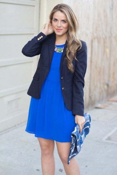 Cobalt blue mini skater dress with black blazer