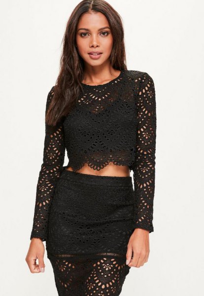 black crocheted long sleeve crop top to match fitted skirt