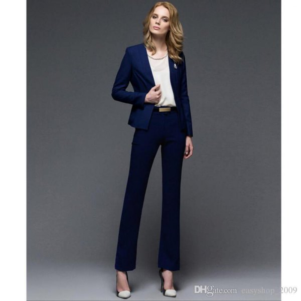 Dark blue slim fit blazer with chiffon bodice and straight leg suit pants