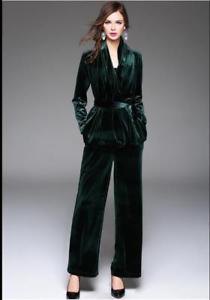 Belted black velvet blazer and wide-leg pants