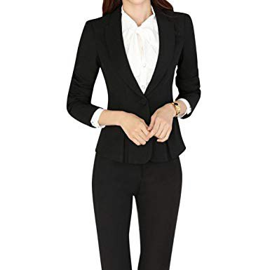 black blazer with matching chinos and collarless white shirt