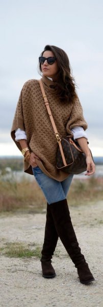 Green Cable Pattern Poncho Sweater and Black Over The Knee Boots