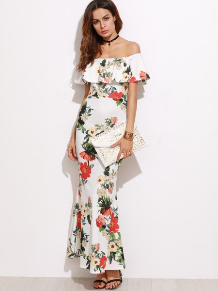 white floral dress with ruffled collar