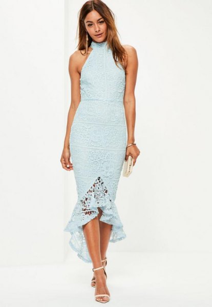 Tiffany Blue halter midi fishtail dress