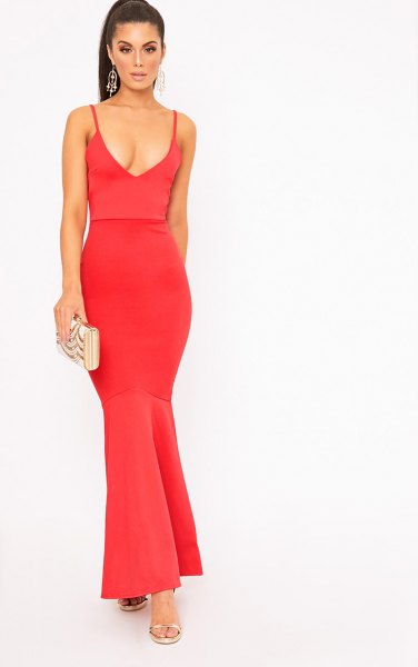 red fishtail maxi dress with deep V-neckline
