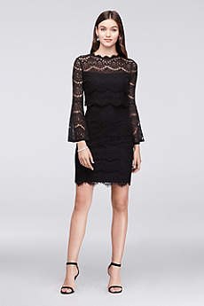 Black lace mini cocktail dress with bell sleeves