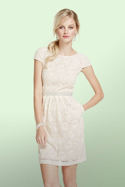 white lace sleeves ruched waist lace mini dress