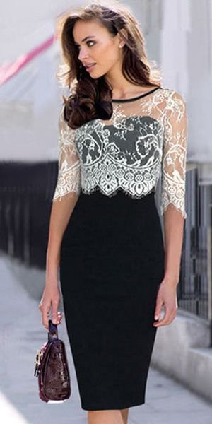 white lace top with half sleeves and a black bodycon midi dress