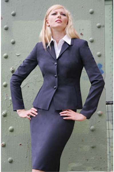 Slim-fit skirt suit with white button-down shirt