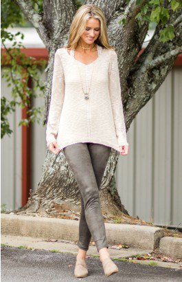 white sheer semi-sheer knit sweater gray suede leggings