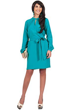 Long-sleeved, knee-length, straight-line dress with keyhole and belt