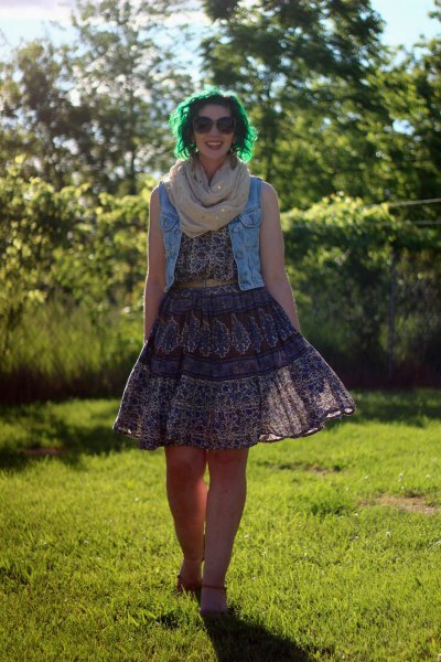 blue denim vest with tribal print fit black lace and flared dress