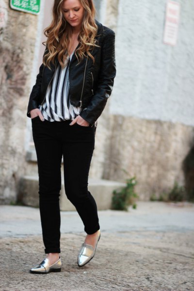 black casual blazer with vertical striped chiffon blouse and metallic slippers