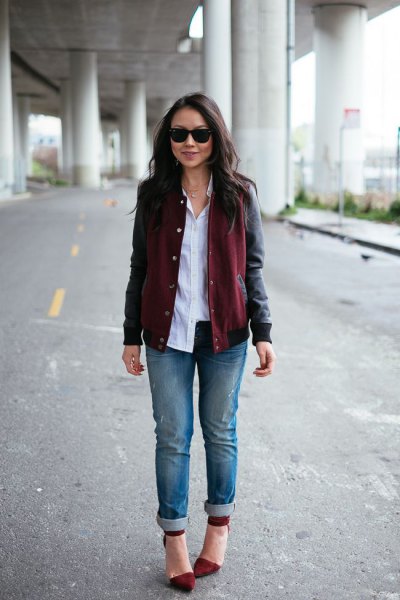 black leather jacket with button down shirt and burgundy pointed toe shoes