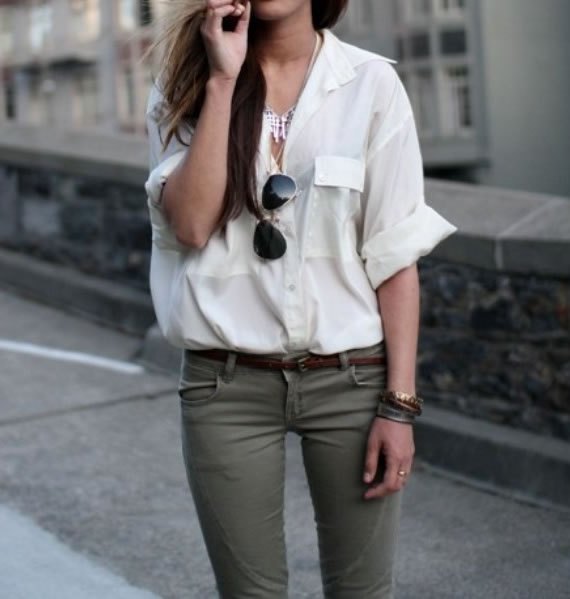 white button oversized shirt green jeans