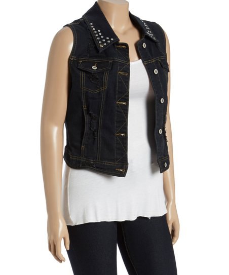 black denim jacket with studded collar and white tunic tank top