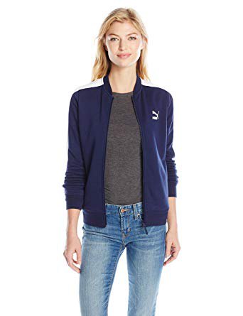 Dark blue Puma sports jacket with a gray t-shirt and skinny jeans