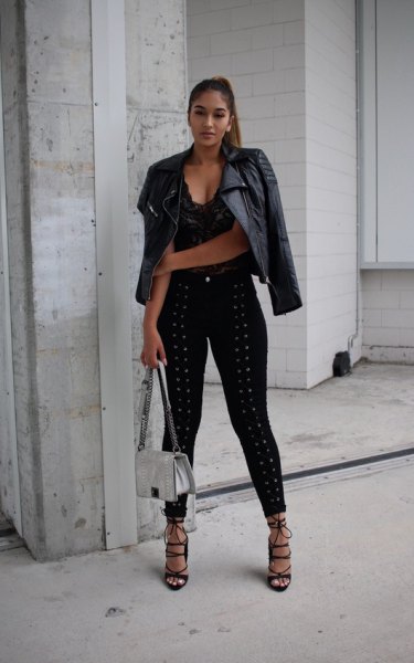 black leather jacket with camisole and lace-up jeans